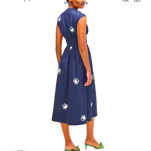 Kate Spade Poplin Bow Navy Crab Print Midi Dress Sz 4 NAVY Blue V-Neck Pockets - Picture 3 of 16